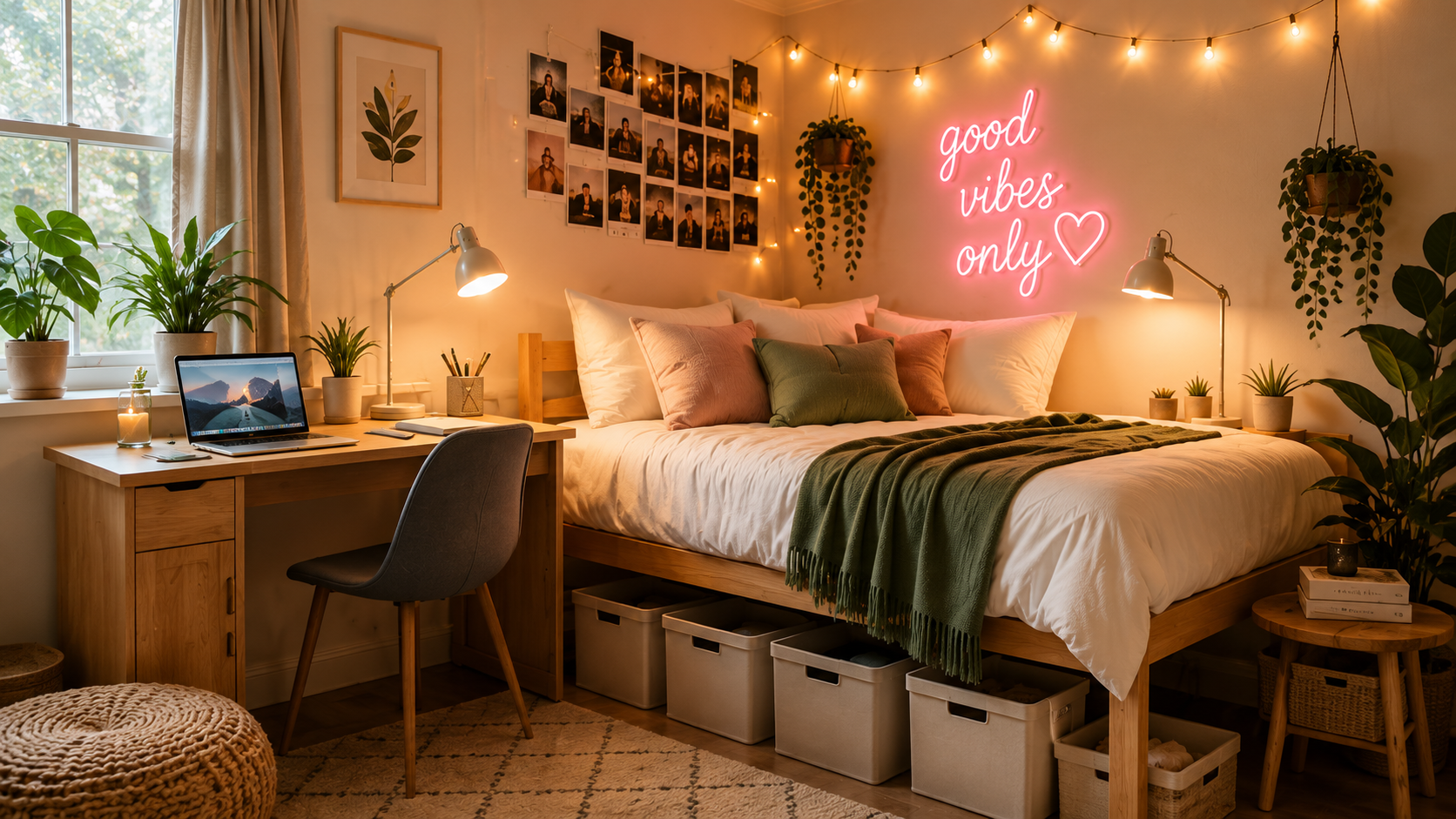A beautifully decorated dorm room